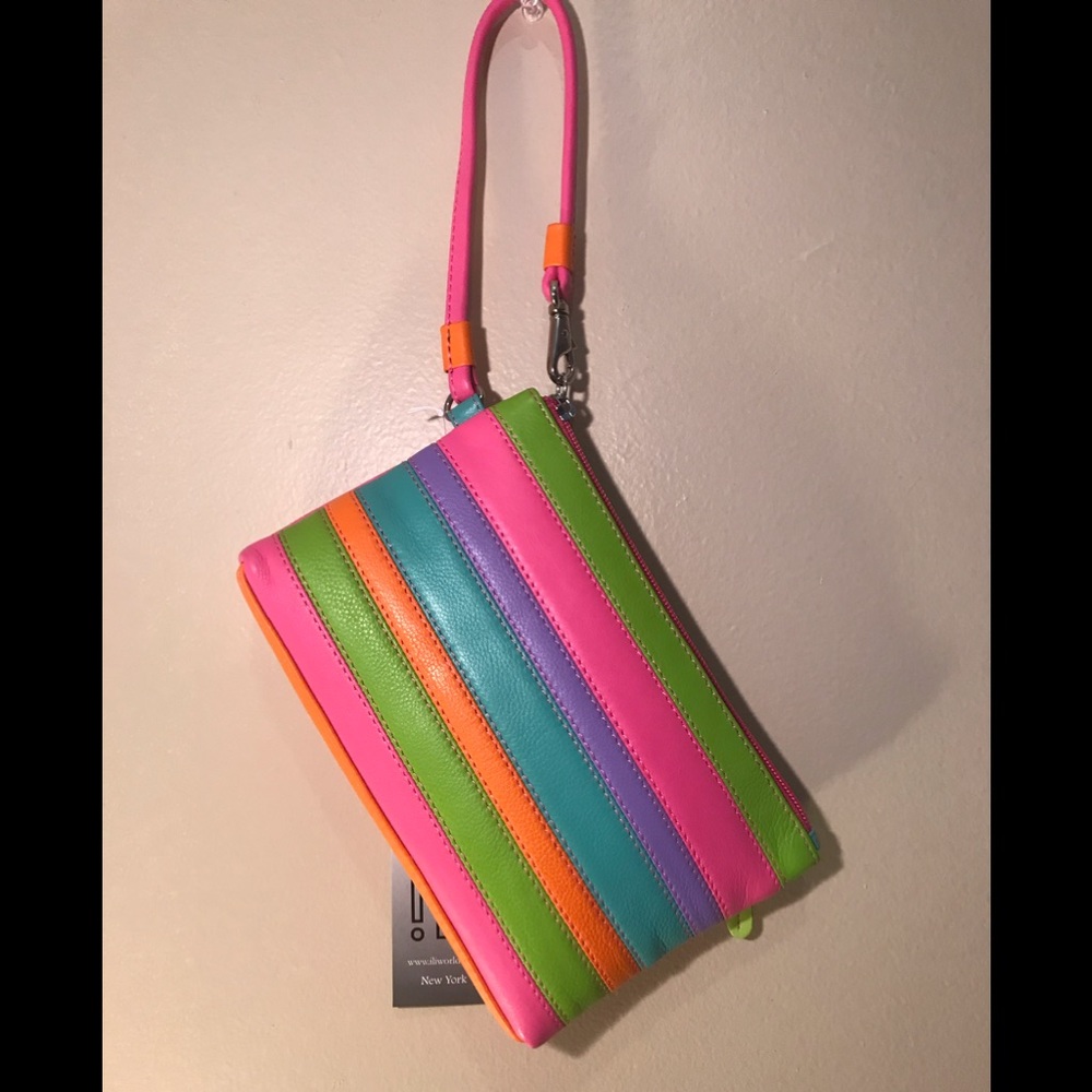 New genuine leather striped wristlet clutch